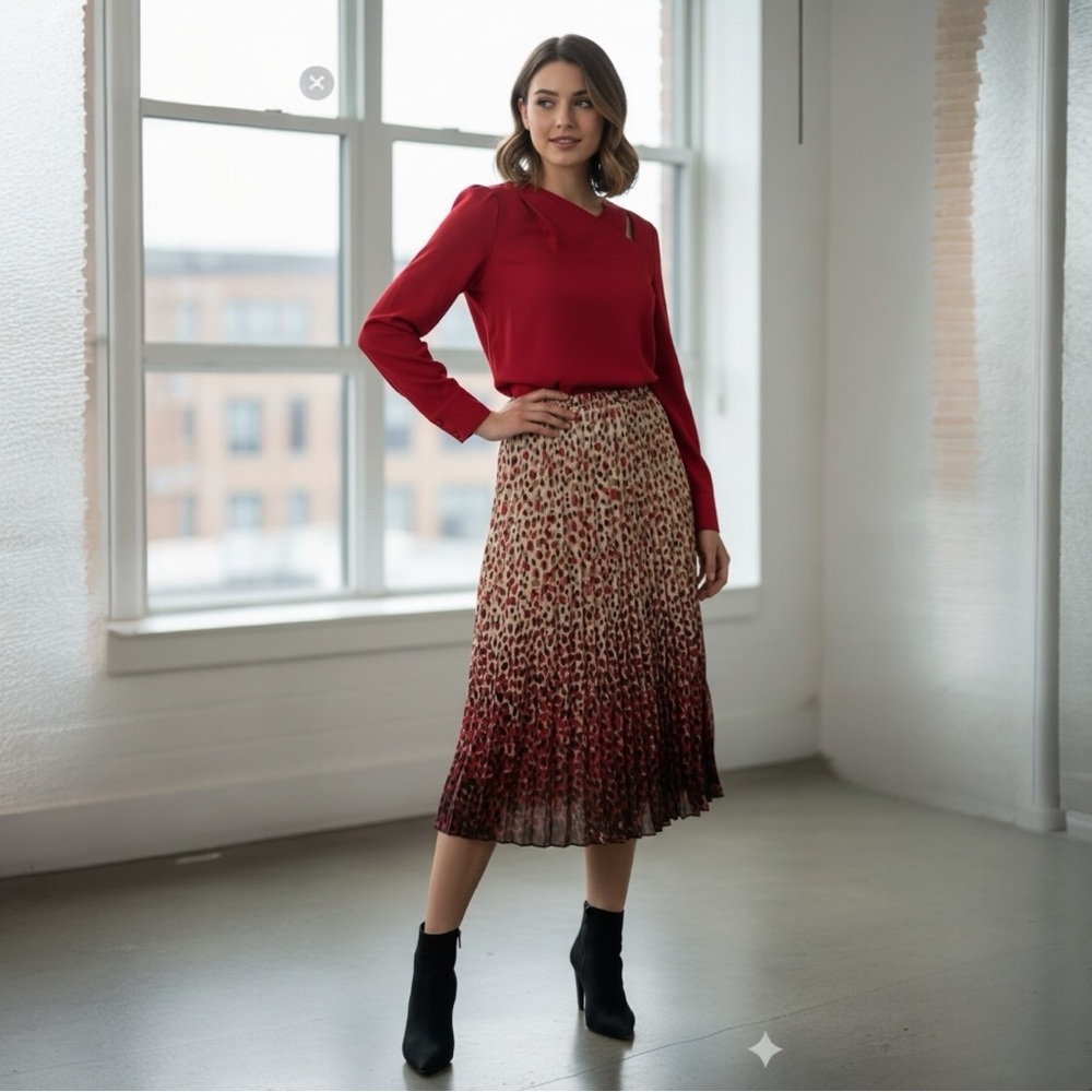 RAFAEL Red Cream pebbled Midi long Skirt Petite Pleated bottom flow unique Sz PM